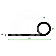 EPDM Rubber P profile | 36 x 12 mm | Per Meter